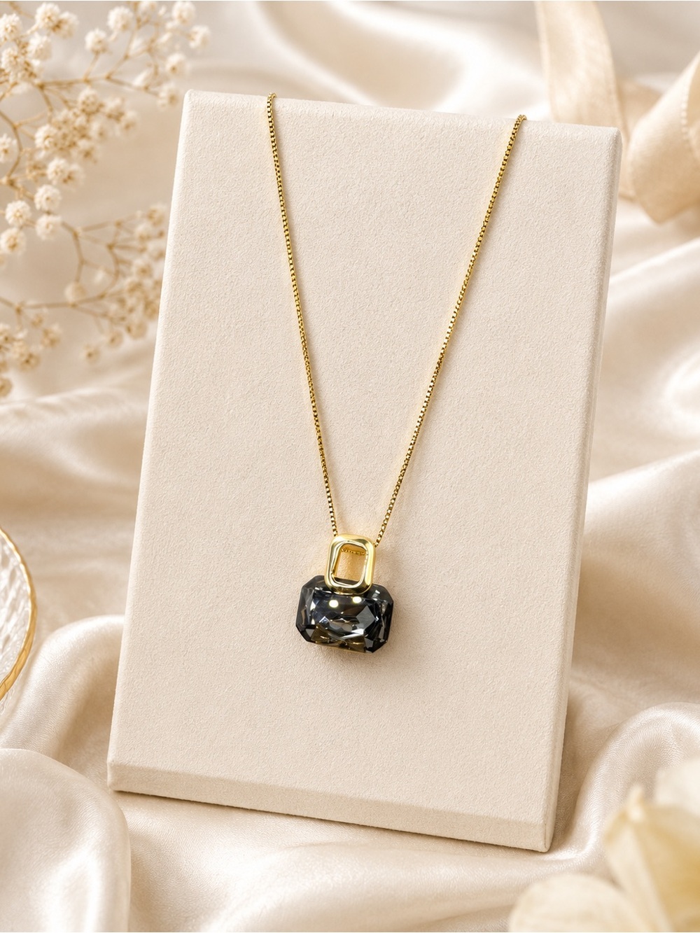 Gold Chain Necklace with Smoky Gray Crystal Pendant steel 316L